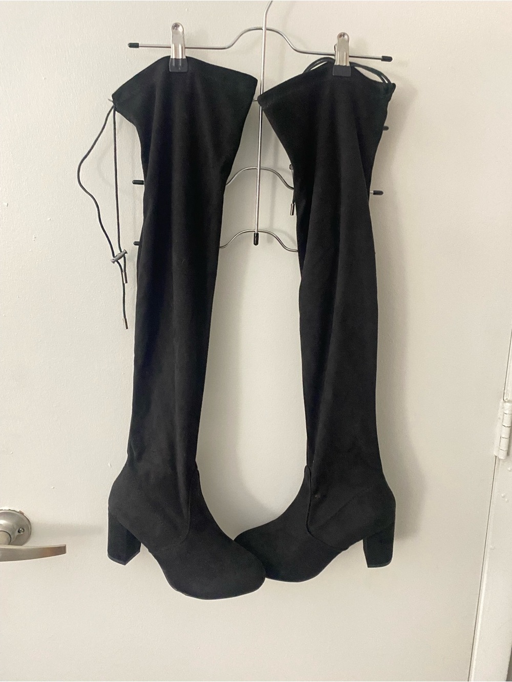 Over-the-Knee Black Suede Block Heel Boots - Women
